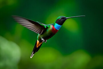 A male Black-throated Mango hummingbird hovering in the air with a green blurred background. Wildlife in nature. Bird in wild - Powered by Adobe
