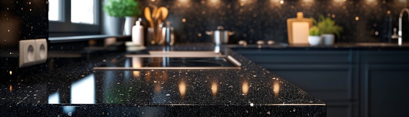 sleek black granite surface with sparkling quartz details backgroud, high gloss finish - obrazy, fototapety, plakaty