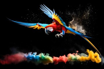 Colorful macaw parrot flying with powder explosion isolated on black background