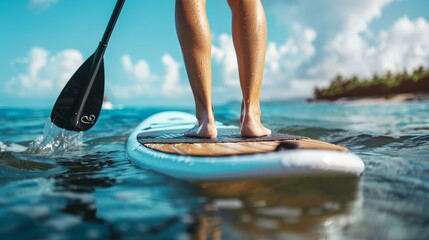 Man on Stand Up Paddle Board, SUP, in the Blue Sea Waters