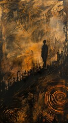 man standing field sky background black metal album cover city fire orange tones twisted lucid dream path exile gold ghosts machine ruined lost despair golden descent - obrazy, fototapety, plakaty