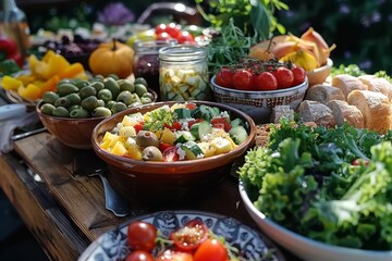 Fototapeta na wymiar Fresh and healthy picnic spread, vibrant colors of a summer feast.