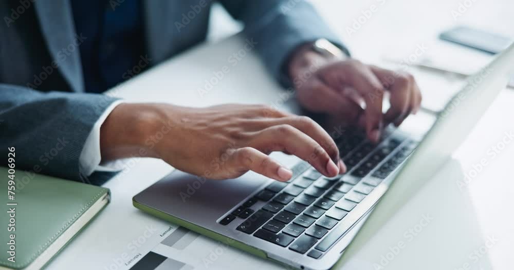 Poster businessman, hands and typing on laptop with communication for schedule planning or project report a