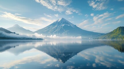 Volcanic mountain in morning light reflected in calm waters of lake. copy space for text. - obrazy, fototapety, plakaty