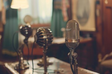 vintage press conference or interview table microphones. An image filtered in the vintage style
