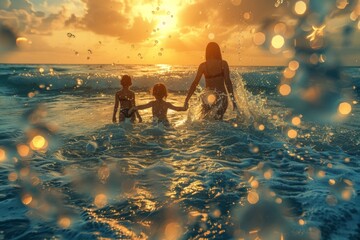 Family in ocean at sunset, sparkling water, joyful play in the golden hour.