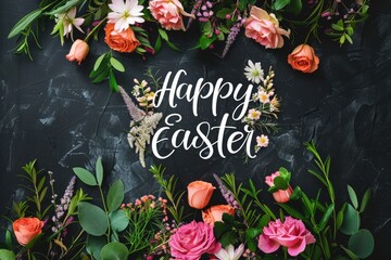 Happy easter text with beautiful colorful flowers bouquet.