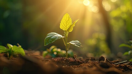Young Plant Growing In Sunlight. copy space for text. - obrazy, fototapety, plakaty