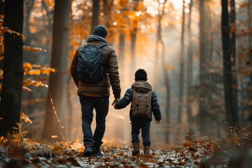 A man and a child walking together in an autumn forest.