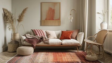 Frame mockup. Warm colored rugs and lovely cushions, mini-mull style home interior