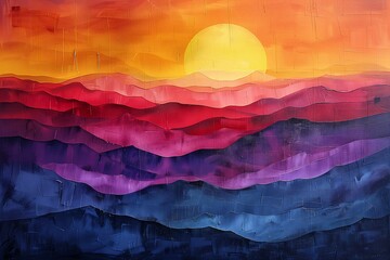 sunset mountain range sailboat street ten layered paper sun drenched painted brick wall memphis - obrazy, fototapety, plakaty
