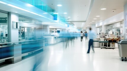 A motion blurred photograph of a hospital interior, doctor and staff working with fast movement
