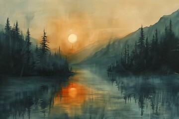 sunset lake trees mountains thumbnail coherent diffuse sunlight located swamp sunrise cover low sun overcast dawn - obrazy, fototapety, plakaty