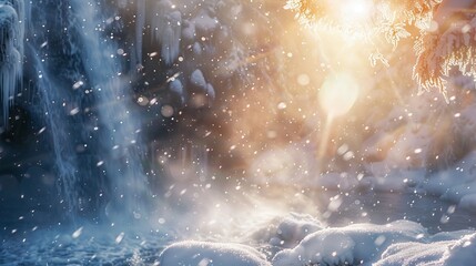Gorgeous winter scenery with snowflakes, the sun shining through a tree in the winter, a frozen waterfall, time lapse, cinemagraph, and video loop in 4K - obrazy, fototapety, plakaty