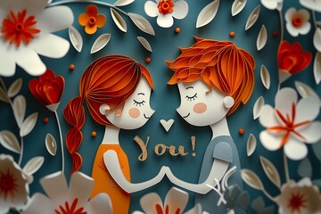 adorable paper cut and paper quilling illustration of a boy and a girl in love for kids vector, loving male and female, with text "Love You!" 