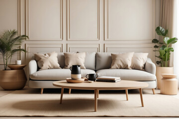 Round coffee table on beige rug near cozy sofa in room with classic paneling. Scandinavian home interior design of modern living room.