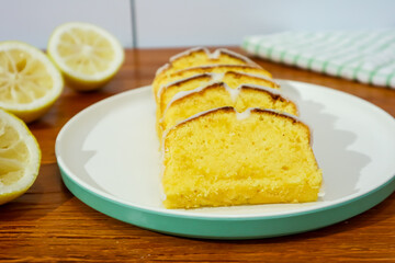 Slice of classic lemon cake. Close up