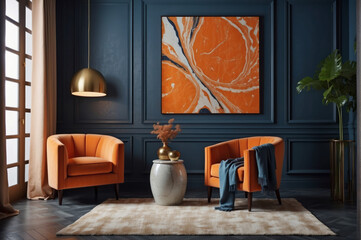 Orange sofa and armchair against dark blue classic wall with marbling poster. Art deco home...