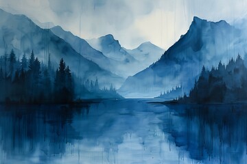 mountain lake trees design milk blue album princess graffiti gentle mists walls infinite reflections ink - obrazy, fototapety, plakaty