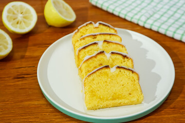Slice of classic lemon cake. Close up