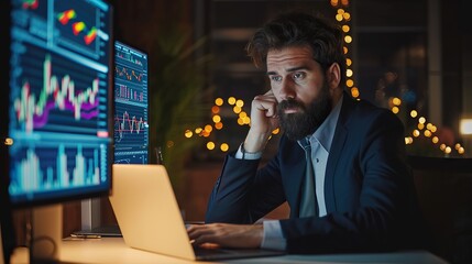 Busy serious business man broker stock exchange trade investor trader looking at laptop computer screen analyzing statistics graphs invest crypto market thinking of investment risks analysis