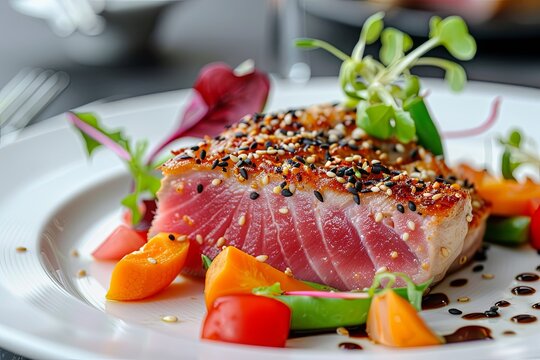 Perfectly seared tuna steak, sprinkled with sesame seeds, served alongside a variety of vibrant vegetables.