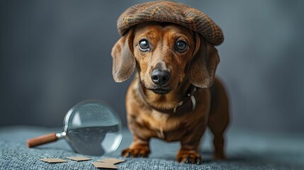 Dachshund wearing a detective hat, standing next to a magnifying glass and clues, symbolizing investigative precision in consultancy services.