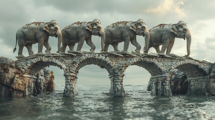 Elephants crossing a currency bridge show unity in business ventures, symbolizing financial strength and teamwork.