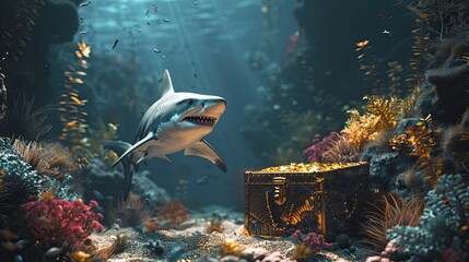 A solitary shark prowling deep sea, a hoard of gold and gems nearby, symbolizes unwavering wealth quest and asset protection. - obrazy, fototapety, plakaty