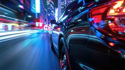 Blurred motion of a car cruising in a city at night - An image portraying the swift movement of a sleek car traveling through the city streets at night surrounded by the blur of city lights