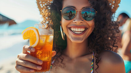 Beach woman drinking cold drink beverage having fun at beach party. Female babe in bikini enjoying Ice tea, coke or alcoholic drink smiling happy laughing looking at camera. Beautiful mixed race girl. - obrazy, fototapety, plakaty