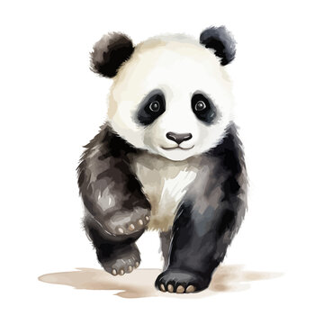 Cute panda cartoon walking in watercolor painting style