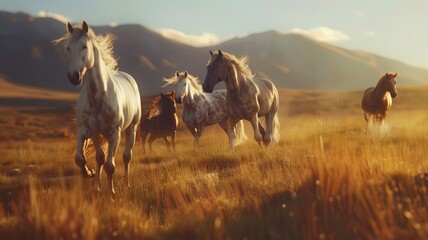 Wild horses running in golden hour light - Majestic wild horses running freely in a field with warm golden hour lighting and mountains in the background
