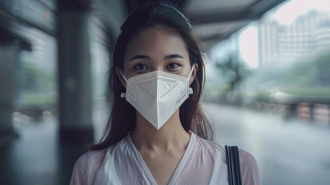 Woman wearing a protective face mask - A young woman wearing a white protective face mask on a city street during a pandemic