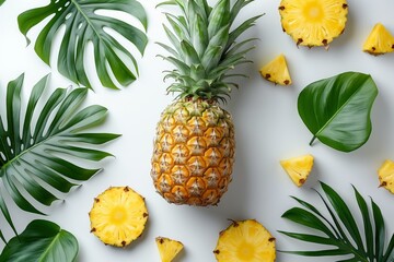 Whole pineapple with cross-sections and tropical foliage on a bright surface, highlighting...