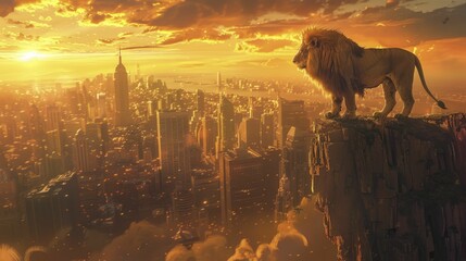 Lion standing boldly atop a cliff, overlooking a vast kingdom of skyscrapers under a golden sunrise, symbolizing unwavering leadership and command in business. - obrazy, fototapety, plakaty