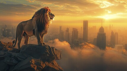A lion's bold stance on a cliff symbolizes unwavering business leadership amidst skyscrapers under a golden sunrise. - obrazy, fototapety, plakaty