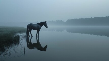 Obraz na płótnie Canvas Early morning by the tranquil lake, a solitary horse ponders the upcoming challenge, embodying thoughtful deliberation in choices.