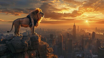 Lion's bold stance on the cliff, gazing over a skyscraper kingdom at sunrise, epitomizes steadfast business leadership. - obrazy, fototapety, plakaty