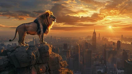 Foto op Plexiglas Lion's bold stance on the cliff, gazing over a skyscraper kingdom at sunrise, epitomizes steadfast business leadership. © Manyapha