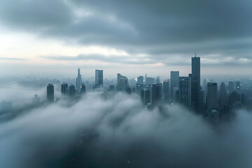 Atmospheric shot of foggy cityscapes. Aerial view.