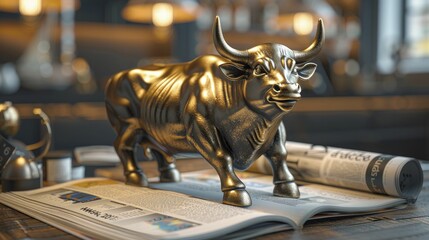 Fototapeta na wymiar A golden bull statue sits on a desk surrounded by financial newspapers and graphs, showcasing wealth accumulation and positive market dynamics.