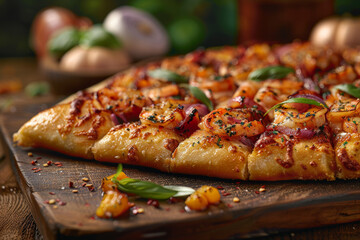 Gourmet Shrimp Scampi Pizza on Wooden Tray Close-Up Gen AI