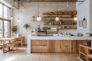 Spacious modern cafe interior with minimalistic wooden furniture and abundant natural light, Concept of modern design, urban dining spaces, and social hubs - obrazy, fototapety, plakaty