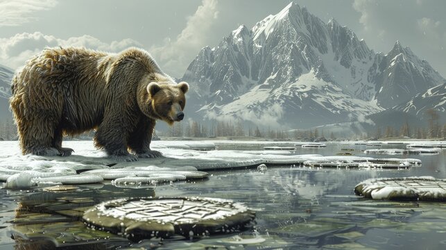 Frozen landscape with a bear watching over a cracked ice surface, beneath which are submerged stock symbols, depicting market freeze and investor hesitation.