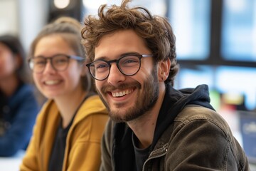 Smiling young man with glasses and female friend in classroom setting, embodying happiness and educational engagement, Concept of friendship, learning, and campus life