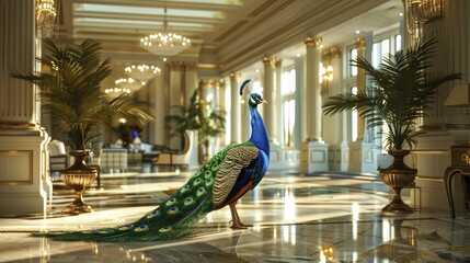 Majestic peacock strutting across a marble floor of a grand foyer, embodying the essence of luxury real estate and premium hospitality services.