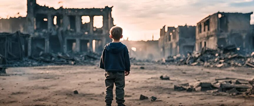 a shabby and dirty child is standing still facing back in the ruins of a war-torn city, some of the buildings still burning and smoking, in the evening at sunset