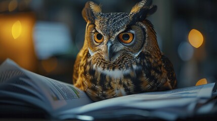 Owl perched with intense gaze on tablet, revealing astute financial analysis through stock chart display.