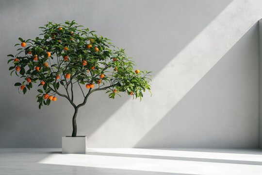 Potted citrus tree with ripe oranges in a bright room with sunbeams, symbolizing growth and vitality, Concept of nature indoors, home gardening, and freshness